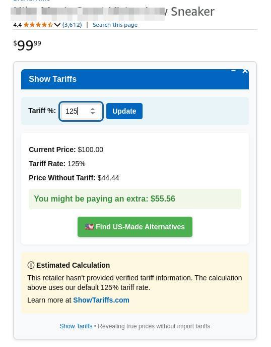 Screenshot of Show Tariffs extension in action